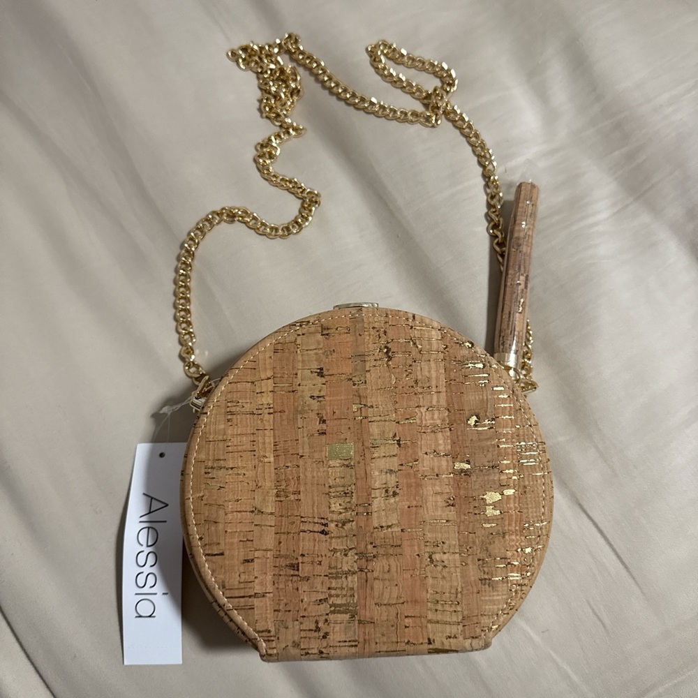 Tan and Gold Cork Crossbody Bag with Chain Strap